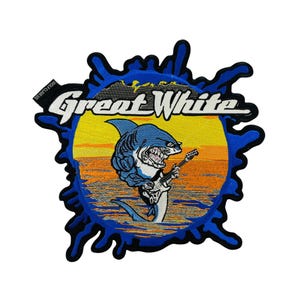 White Shark Biker Patch, Guitar, Iron-on Handmade Vest Patch