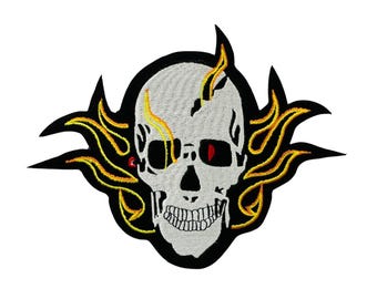 Flames Skull Biker Patch, Iron On Embroidered Applique, Horror Skull Patches