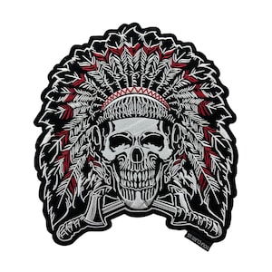 Indian Chief Skull Patch: Embroidered Biker Vest Iron-On/Sew-On