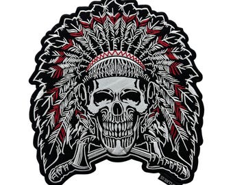 Indian Chief Skull Patch: Embroidered Biker Vest Iron-On/Sew-On