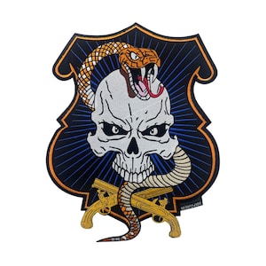 Embroidered Skull & Snake Iron-On Patch: Horror Biker Jacket Applique (11.5x14.5in