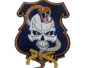 Embroidered Skull & Snake Iron-On Patch: Horror Biker Jacket Applique (11.5x14.5in