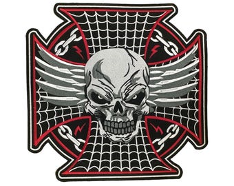 Angry Skull Cross Chain Embroidered Biker Patch: Iron-On Horror Vest Patch