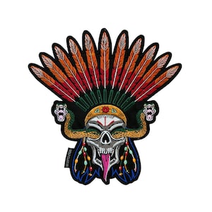 Skeleton Skull Patch with Snake Eyes & Red Feather Headdress – Embroidered Iron-On Biker Clothing