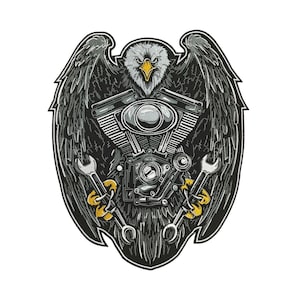 Eagle Biker Patch: Engine & Wrenches Embroidery - Iron-On/Sew-On