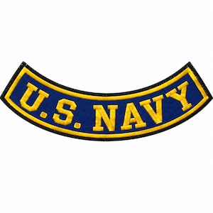 May include: A curved embroidered patch featuring the text U.S. NAVY in bold yellow block letters. The patch has a deep blue background, a yellow border, and a thin black outer edge, designed for attachment to clothing or gear with stitched edges.