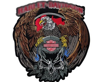 Eagle Skull Biker Patch, Large Iron-On or Sew-On Embroidered Patch for Jackets and Vests