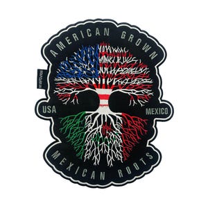 Biker Patch: American Grown Mexican Roots Flag, Iron-On/Sew-On (11x13.5 inches)