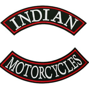 May include: Two black embroidered patches with white text and red borders. The top patch reads "INDIAN" in a curved design. The bottom patch reads "MOTORCYCLES" in a matching curved design.