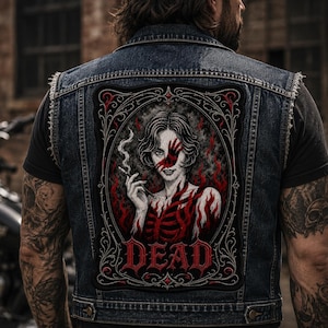 Handmade Horror Dead Inside Embroidered Back Patch – Gothic Skeleton Woman Large Biker Jacket Patch
