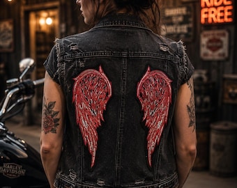 Large Angel Wings Embroidery Patch: Red Rhinestone Biker Vest Back Patch