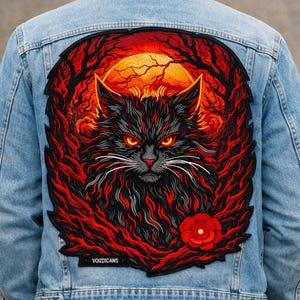 May include: A light blue denim jacket featuring a large, embroidered back patch of a black cat with glowing yellow eyes, set against a backdrop of red flames and a yellow moon. A small red flower is at the bottom, with the text VOIZDICAWS visible.