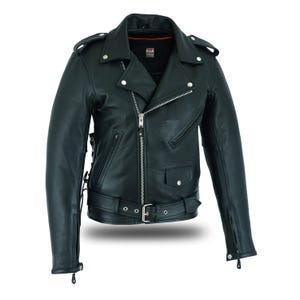 May include: Black leather jacket with a classic biker style. Features include a notched collar, asymmetrical zipper closure, multiple pockets, and a belt at the waist. Silver-tone hardware accents the jacket.