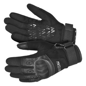 May include: Black tactical gloves with reinforced knuckles and a textured palm. The gloves feature a hook and loop wrist closure for a secure fit. The back of the gloves have a repeating "M" pattern. The text "WOLF CLAW" is printed on the side.