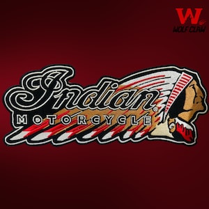 May include: Embroidered patch featuring the words "Indian Motorcycle" in a stylized font, with a Native American profile. The patch has a black border, gold, red, and white accents, and is set against a burgundy background.