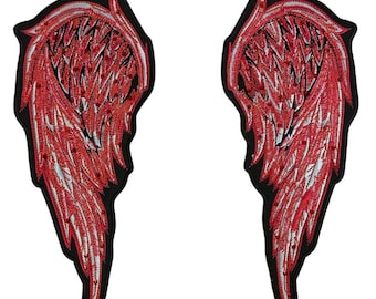 Large Angel Wings Embroidery Patch: Red Rhinestone Biker Vest Back Patch