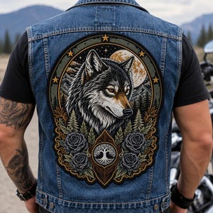 May include: A blue denim vest featuring a large, circular embroidered patch on the back. The patch displays a detailed wolf head, a full moon, mountain scenery, pine trees, dark roses, and a central tree of life symbol framed by gold stars.