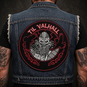 Viking Skull Patch: Til Valhalla Norse Embroidery, Biker Jacket Applique