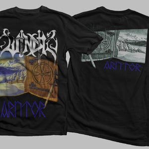 May include: Black t-shirt with a white graphic of a door and the text "SUNN O)))" and "ARMY OF THE NIGHT" in purple. The back of the shirt has a black and white image of a door and the text "ARMY OF THE NIGHT" in purple.