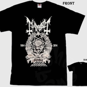 May include: Black t-shirt with a white graphic featuring the band name "Mayhem" above a skull and crossbones design. The graphic includes the years "1984" and "2014" and the word "PSYWAR". The back of the shirt is plain black.