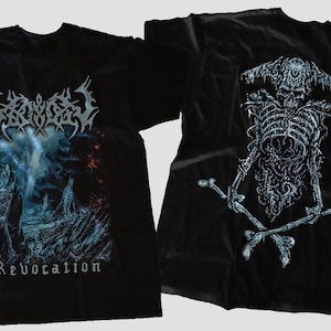 May include: Black t-shirt with a band logo and the word "Revocation" printed on the front. The back of the shirt features a skeletal figure with crossed bones.