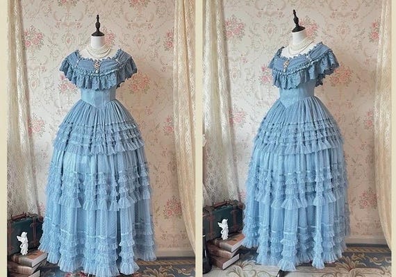blue old dress 1930 long blue dress velvet ribbon French style textile Edwardian Coastal home eco-friendly