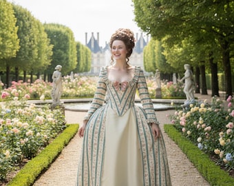 May include: A woman in a historical gown with a cream-colored skirt and a bodice with blue and floral stripes. The dress has long sleeves and a V-neckline. The woman is walking on a stone path in a garden.