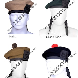 May include: Four different coloured Scottish berets with a black ribbon and a pom-pom on top. The colours are khaki, solid green, tan, and black.