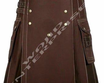 Handmade Scottish Utility Kilt: Brown Cotton, Brass Accents