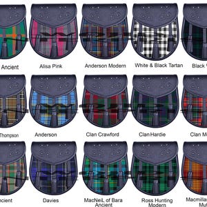 Op de afbeelding: Een verzameling van 18 verschillende tartan kilts, elk met een uniek patroon en kleurcombinatie. De kilts worden weergegeven in een rasterformaat, met onder elke kilt een naamlabel.