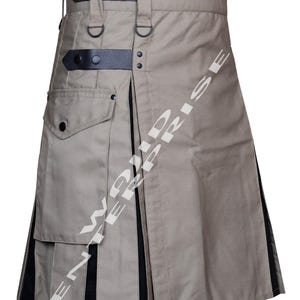 Men&#39;s Scottish Handmade Khaki & Black Cotton Utility Kilt - 100% Cotton Hybrid kilt  - Real Leather Straps Cargo Pockets Kilt - Custom Size