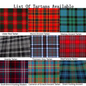 Puede incluir: Una cuadr&iacute;cula de nueve patrones de tart&aacute;n en varios colores, incluyendo rojo, verde, azul y gris. Cada patr&oacute;n est&aacute; etiquetado con su nombre, como "Ulster Red Tartan" y "Munro Ancient Tartan". El texto "List Of Tartans Available" est&aacute; en la parte superior.