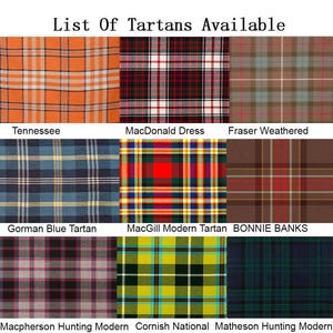 Puede incluir: Una cuadr&iacute;cula de nueve patrones de tart&aacute;n con nombres debajo. Los tartanes incluyen naranja, rojo, azul, verde y marr&oacute;n. El texto "List Of Tartans Available" est&aacute; en la parte superior. Los nombres incluyen Tennessee, MacDonald Dress y Fraser Weathered.