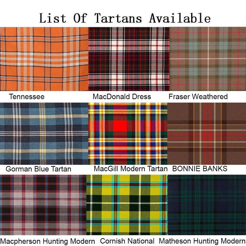 Puede incluir: Una cuadr&iacute;cula de nueve patrones de tart&aacute;n con nombres debajo. Los tartanes incluyen naranja, rojo, azul, verde y marr&oacute;n. El texto "List Of Tartans Available" est&aacute; en la parte superior. Los nombres incluyen Tennessee, MacDonald Dress y Fraser Weathered.