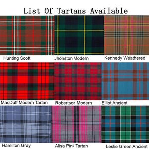 Puede incluir: Una cuadr&iacute;cula de nueve patrones de tart&aacute;n con nombres debajo. Los tartanes presentan varios colores, incluyendo rojo, verde, azul y rosa, con nombres como Hunting Scott, Jhonston Modern y Alisa Pink Tartan. El texto "List Of Tartans Available" est&aacute; en la parte superior.