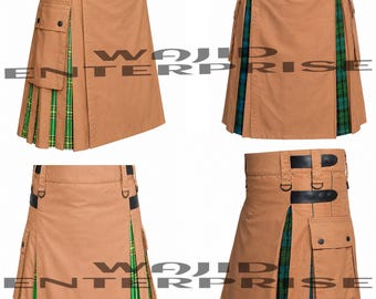 Falda escocesa híbrida de lona marrón camel hecha a mano para hombre.