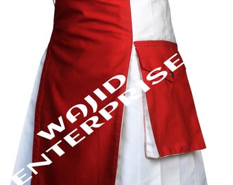 May include: A red and white kilt with a pocket on the right side. The kilt has a red front panel and a white pleated skirt. The text "WAJID ENTERPRISE" is printed in white on the front panel.