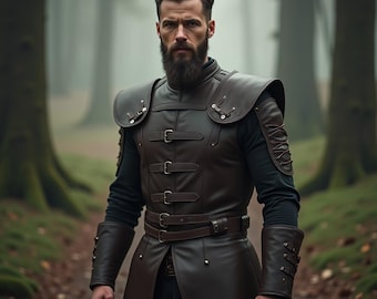 Premium Dark Brown Leather Armor Vest | Medieval Pauldron Vest | Adjustable Buckle Straps | Sculpted Chest Plate | Matching Leather Bracers