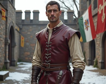 Burgundy Leather Medieval Long Coat | Renaissance LARP Warrior Costume | Fantasy Men Outfit with Belt and Arm Bracers Set | Cosplay Outfit