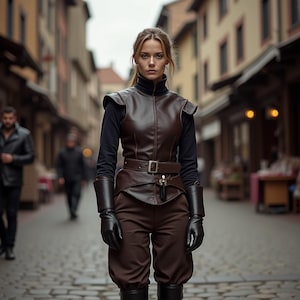 Women&#39;s Medieval Leather Vest Costume | Brown Renaissance Adventurer Outfit | Fantasy LARP Rogue Attire | High-Collar Warrior Look