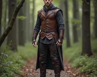 May include: A person wearing a brown leather vest, pants, and boots, with a matching belt and gloves. The outfit includes a dark gray hooded shirt and a long cape. The person is standing on a path in a forest.
