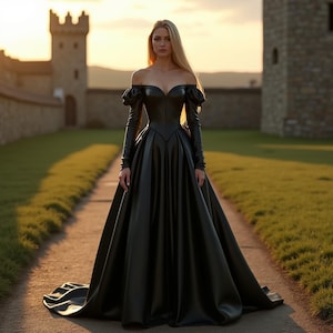 Robe corset noire en cuir véritable pour femme | Robe steampunk médiévale GN médiévale viking | Ensemble gothique fantaisie à manches bouffantes | Ensemble de costumes de cosplay