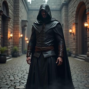 Black Leather Jacket Cloak | Medieval Assassin LARP Costume | Renaissance Roleplay Men Outfit | Fantasy Armor Set | Premium Leather Jacket