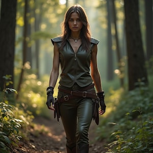 Women&#39;s Rogue Halloween Costume | Green Leather LARP Outfit | Sleeveless Ranger Vest for Cosplay | Fantasy Huntress Roleplay Attire