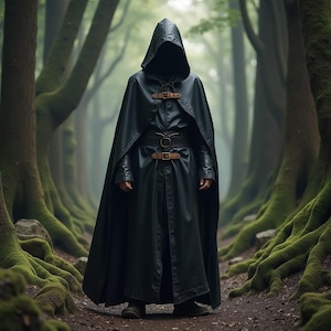 Medieval Unisex Leather Cloak | Hooded Black Robe | Renaissance Festival Outfit | Dark Fantasy Costume | Historical Reenactment Attire