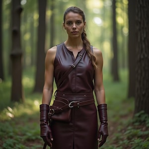 Women&#39;s Maroon Leather LARP Costume | Sleeveless Huntress Vest Dress | Fantasy Ranger Cosplay Outfit | Medieval Forest Warrior Attire