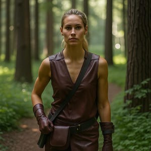 Women&#39;s Forest Ranger Costume | Sleeveless Maroon Leather Vest |  Fantasy LARP Archer Outfit | Medieval Huntress Roleplay Attire
