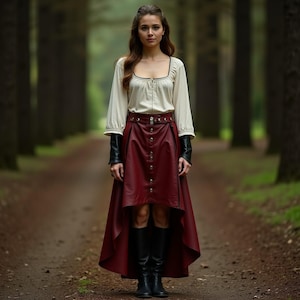 Women Medieval Peasant Skirt | Made to Order | Burgundy High-Low Leather Skirt | Norse Renaissance Festival Outfit | Gift For Halloween