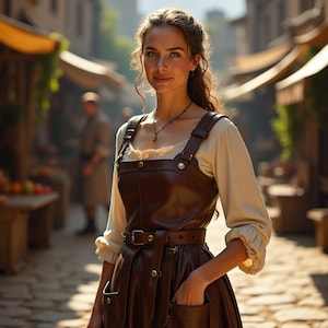 Brown Leather Medieval Dress | Renaissance LARP Costume | Fantasy Roleplay Women Outfit | Rustic Apron Armor Set | Leather Pinafore Dress