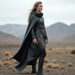 Women&#39;s Fantasy Ranger Cloak | Medieval Leather Costume with Hood | Elven Warrior Cosplay Outfit | LARP Huntress Attire with Belt Accents